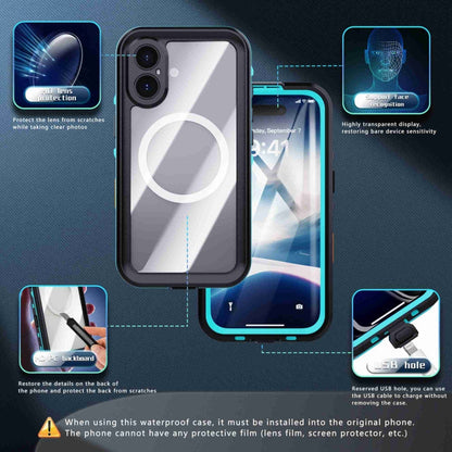 For iPhone 16 Plus RedPepper Transparent Dot IP68 Waterproof Triple-proof MagSafe Phone Case(Black Blue)