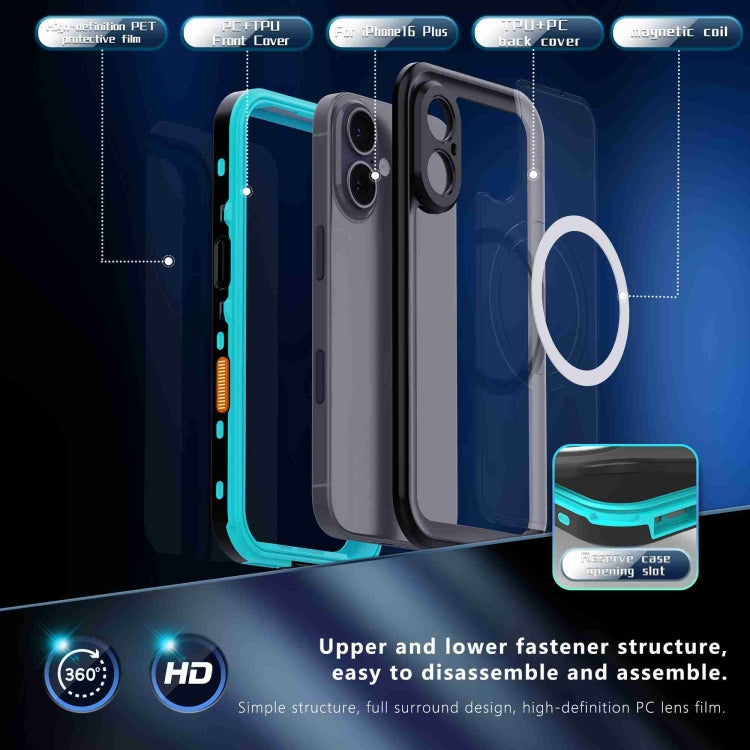 For iPhone 16 Plus RedPepper Transparent Dot IP68 Waterproof Triple-proof MagSafe Phone Case(Black Blue)