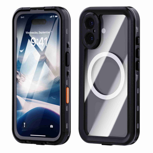 For iPhone 16 Plus RedPepper Transparent Dot IP68 Waterproof Triple-proof MagSafe Phone Case(Black Dark Grey)