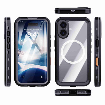 For iPhone 16 RedPepper Transparent Dot IP68 Waterproof Triple-proof MagSafe Phone Case(Black Dark Grey)
