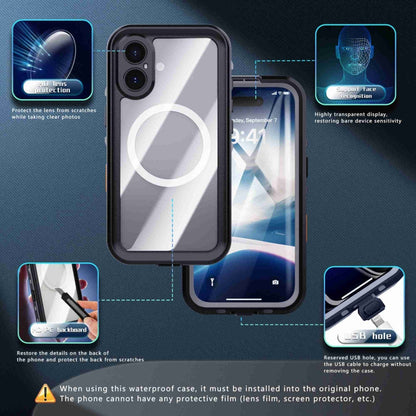 For iPhone 16 RedPepper Transparent Dot IP68 Waterproof Triple-proof MagSafe Phone Case(Black Dark Grey)