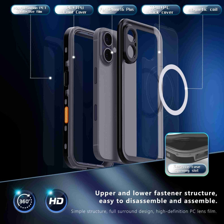 For iPhone 16 RedPepper Transparent Dot IP68 Waterproof Triple-proof MagSafe Phone Case(Black Dark Grey)