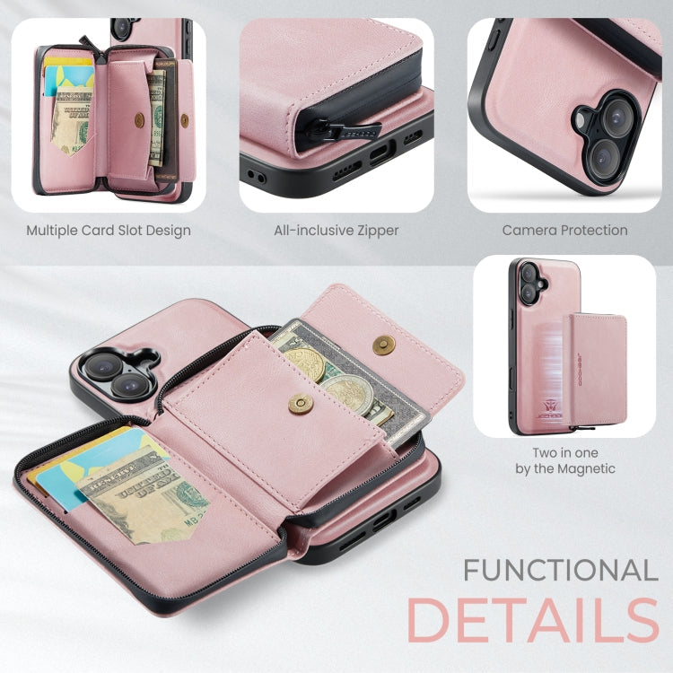 For iPhone 16 JEEHOOD J02 Magnetic Zipper Horizontal Flip Leather Phone Case(Pink)