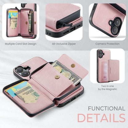 For iPhone 16 JEEHOOD J02 Magnetic Zipper Horizontal Flip Leather Phone Case(Pink)