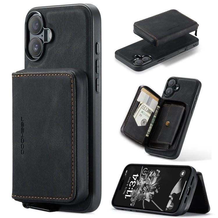Pour iPhone 16 JEEHOOD J02 Étui de téléphone en cuir à rabat horizontal à fermeture éclair magnétique (noir)