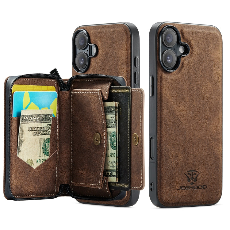 For iPhone 16 JEEHOOD J02 Magnetic Zipper Horizontal Flip Leather Phone Case(Brown)