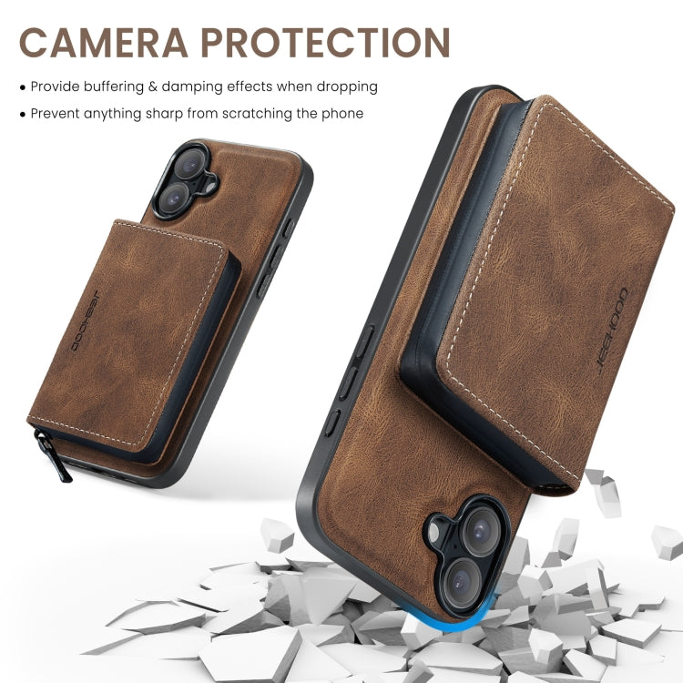 For iPhone 16 JEEHOOD J02 Magnetic Zipper Horizontal Flip Leather Phone Case(Brown)