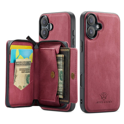 For iPhone 16 JEEHOOD J02 Magnetic Zipper Horizontal Flip Leather Phone Case(Red)