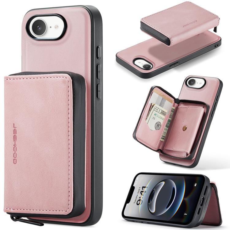 For iPhone 17e / 16e JEEHOOD J02 Magnetic Zipper Horizontal Flip Leather Phone Case(Pink)