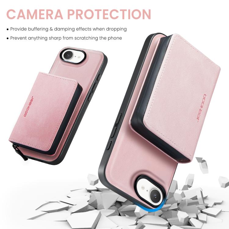For iPhone 17e / 16e JEEHOOD J02 Magnetic Zipper Horizontal Flip Leather Phone Case(Pink)