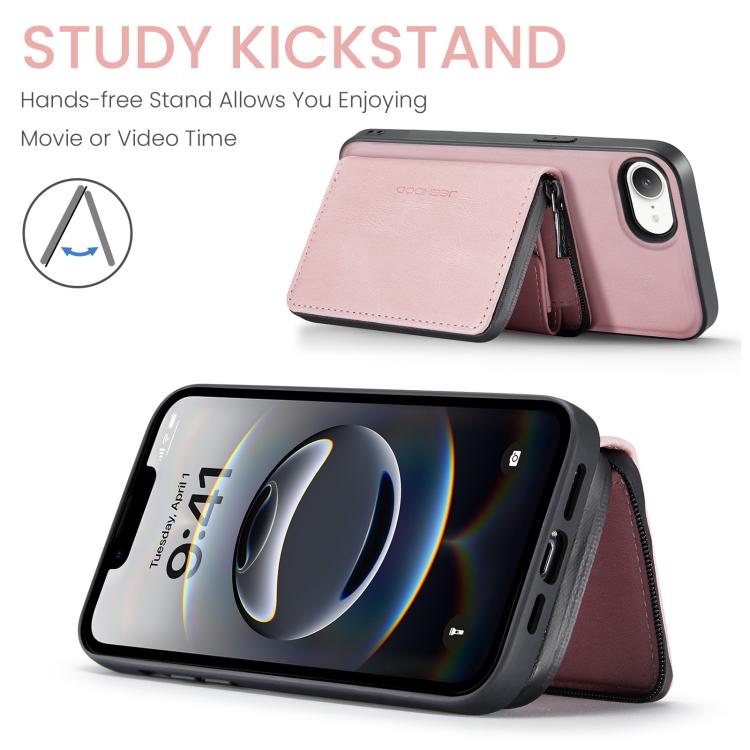 For iPhone 17e / 16e JEEHOOD J02 Magnetic Zipper Horizontal Flip Leather Phone Case(Pink)