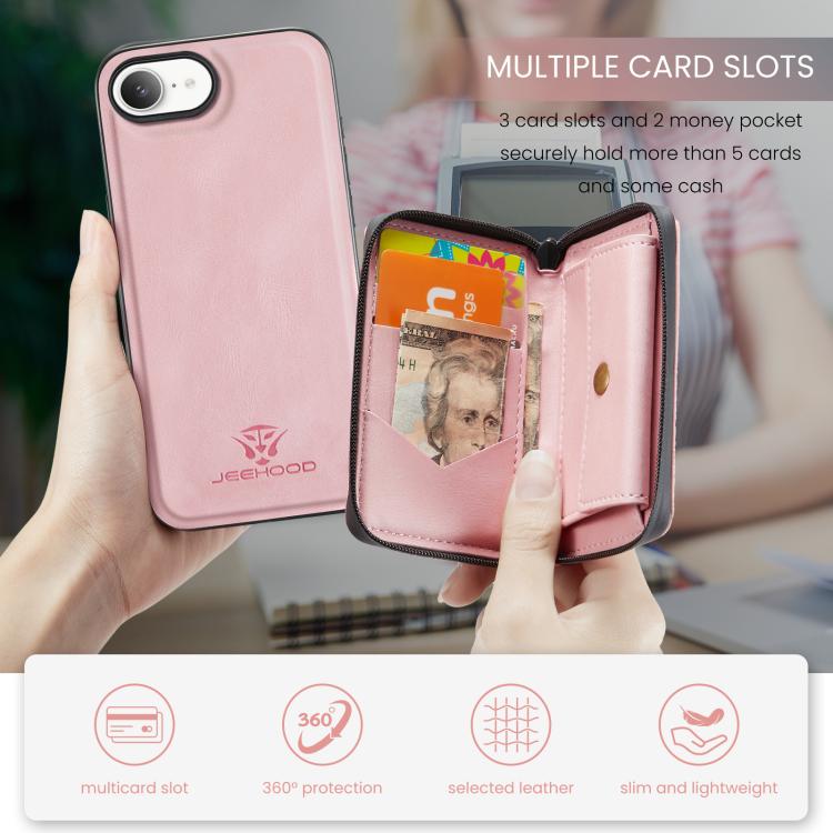 For iPhone 17e / 16e JEEHOOD J02 Magnetic Zipper Horizontal Flip Leather Phone Case(Pink)