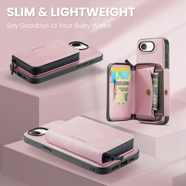 For iPhone 17e / 16e JEEHOOD J02 Magnetic Zipper Horizontal Flip Leather Phone Case(Pink)
