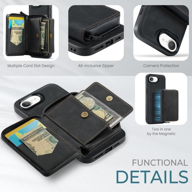 For iPhone 17e / 16e JEEHOOD J02 Magnetic Zipper Horizontal Flip Leather Phone Case(Black)