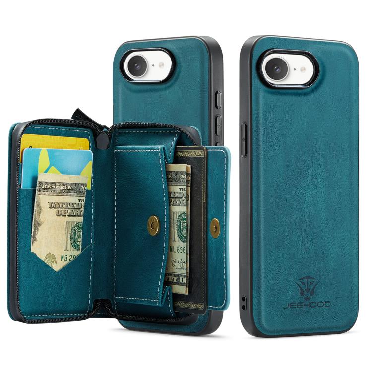 Pour iPhone 17e / 16e JEEHOOD J02 Étui de téléphone en cuir à rabat horizontal avec fermeture éclair magnétique (bleu)
