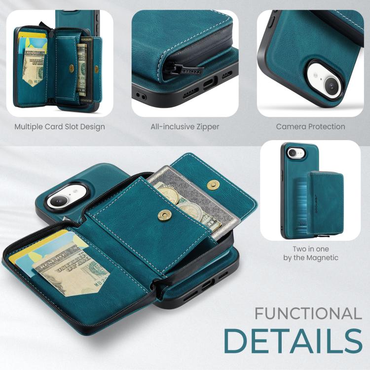Pour iPhone 17e / 16e JEEHOOD J02 Étui de téléphone en cuir à rabat horizontal avec fermeture éclair magnétique (bleu)