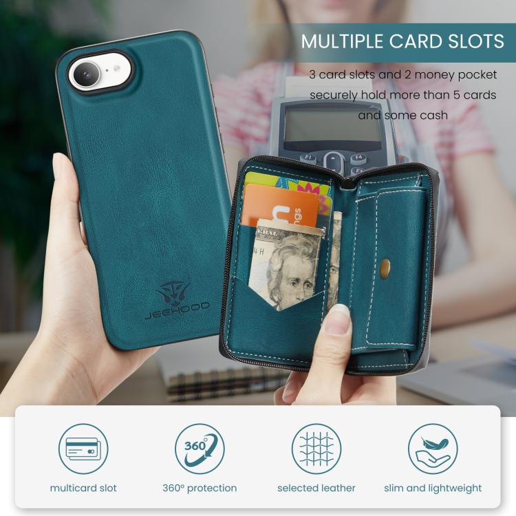Pour iPhone 17e / 16e JEEHOOD J02 Étui de téléphone en cuir à rabat horizontal avec fermeture éclair magnétique (bleu)