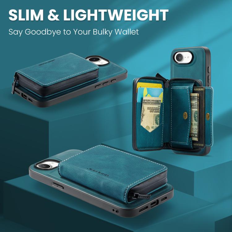 Pour iPhone 17e / 16e JEEHOOD J02 Étui de téléphone en cuir à rabat horizontal avec fermeture éclair magnétique (bleu)