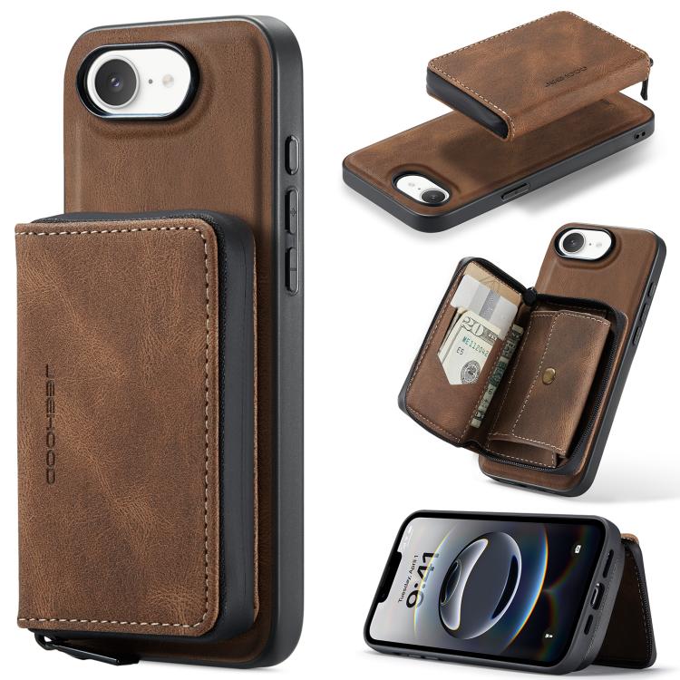 For iPhone 17e / 16e JEEHOOD J02 Magnetic Zipper Horizontal Flip Leather Phone Case(Brown)