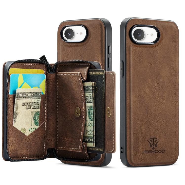 For iPhone 17e / 16e JEEHOOD J02 Magnetic Zipper Horizontal Flip Leather Phone Case(Brown)
