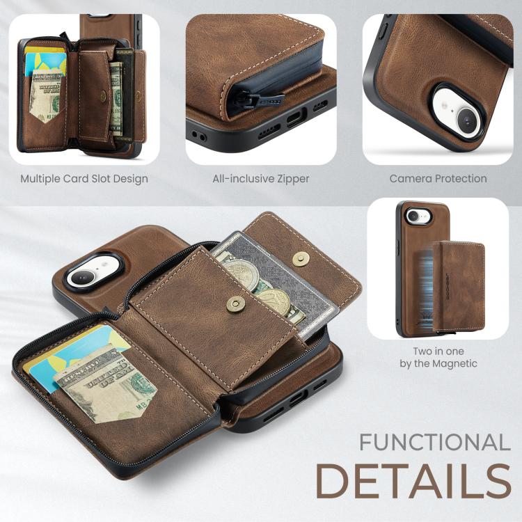 For iPhone 17e / 16e JEEHOOD J02 Magnetic Zipper Horizontal Flip Leather Phone Case(Brown)