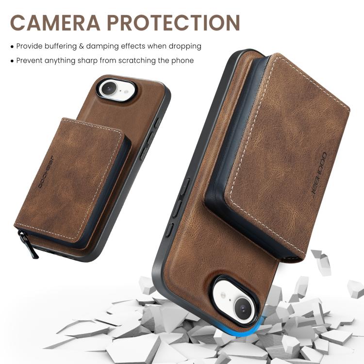 For iPhone 17e / 16e JEEHOOD J02 Magnetic Zipper Horizontal Flip Leather Phone Case(Brown)