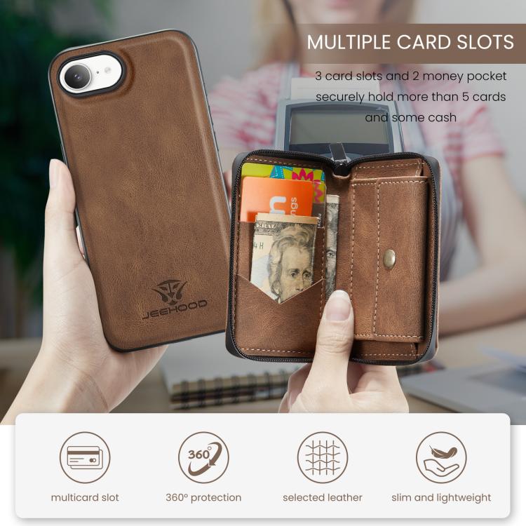 For iPhone 17e / 16e JEEHOOD J02 Magnetic Zipper Horizontal Flip Leather Phone Case(Brown)
