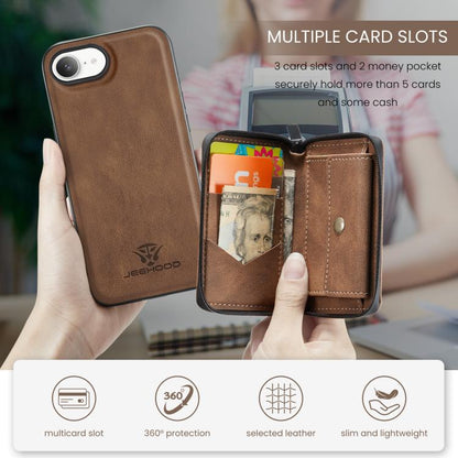 For iPhone 17e / 16e JEEHOOD J02 Magnetic Zipper Horizontal Flip Leather Phone Case(Brown)