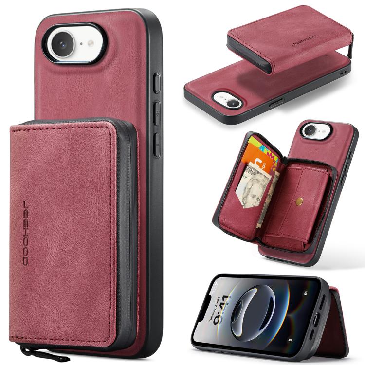 For iPhone 17e / 16e JEEHOOD J02 Magnetic Zipper Horizontal Flip Leather Phone Case(Red)