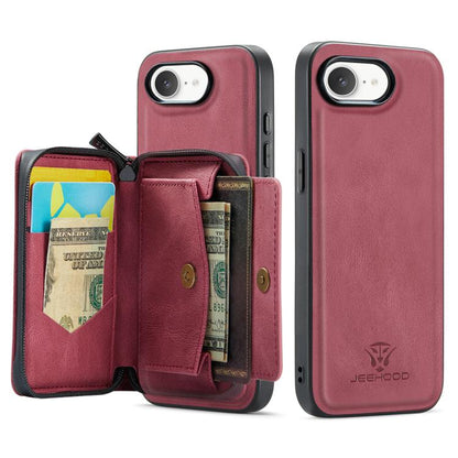 For iPhone 17e / 16e JEEHOOD J02 Magnetic Zipper Horizontal Flip Leather Phone Case(Red)