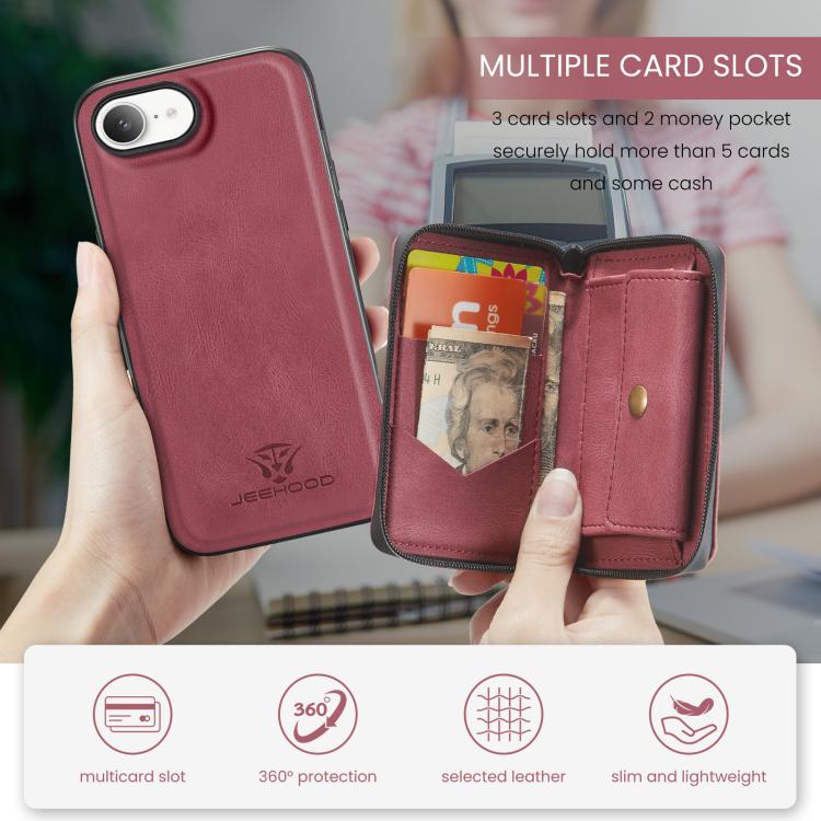 For iPhone 17e / 16e JEEHOOD J02 Magnetic Zipper Horizontal Flip Leather Phone Case(Red)