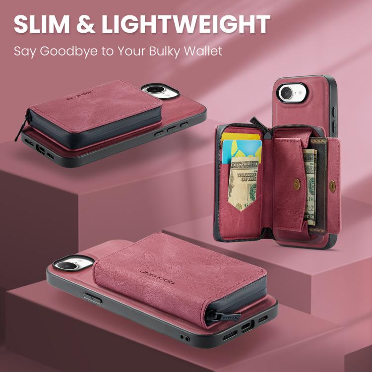For iPhone 17e / 16e JEEHOOD J02 Magnetic Zipper Horizontal Flip Leather Phone Case(Red)