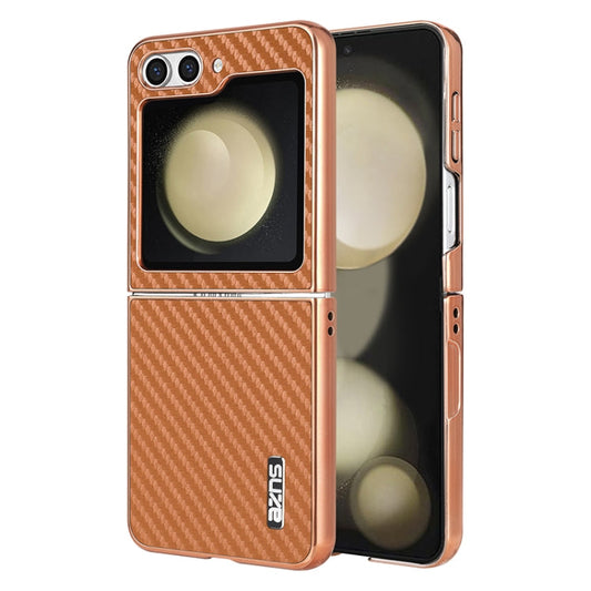 For Samsung Galaxy Z Flip5 5G AZNS Electroplated Edge Carbon Fiber Texture Phone Case(Brown)