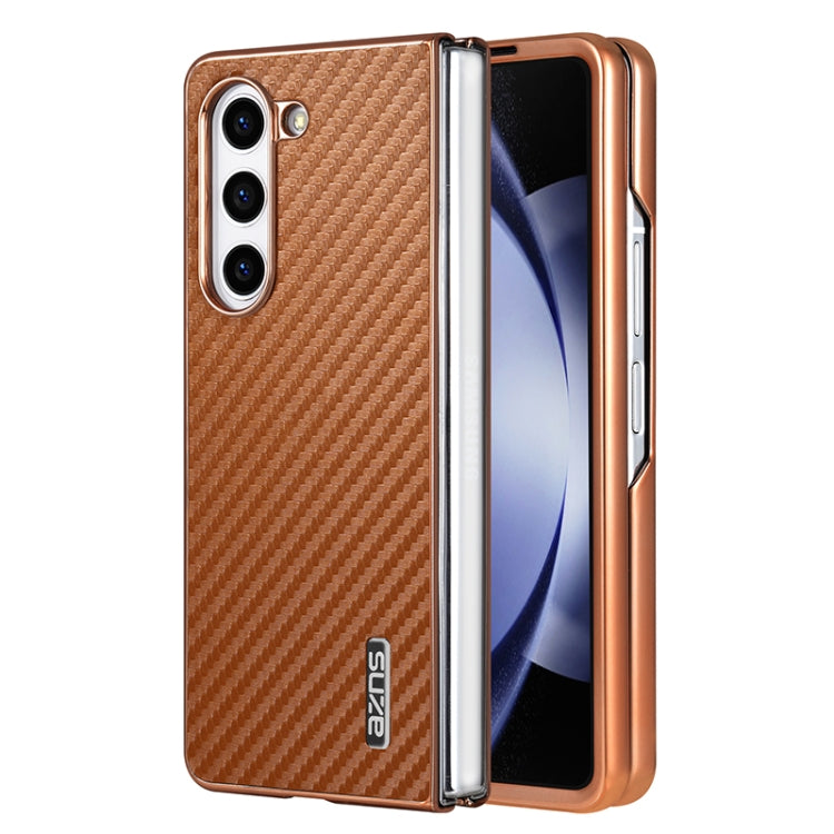 For Samsung Galaxy Z Fold6 5G AZNS Electroplated Edge Carbon Fiber Texture Phone Case(Brown)