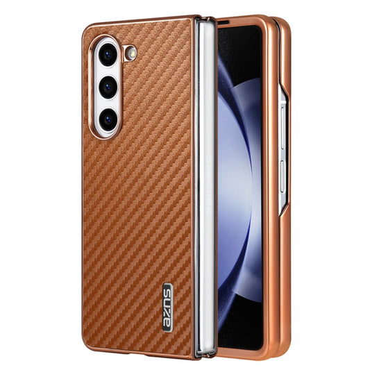 For Samsung Galaxy Z Fold6 5G AZNS Electroplated Edge Carbon Fiber Texture Phone Case(Brown)