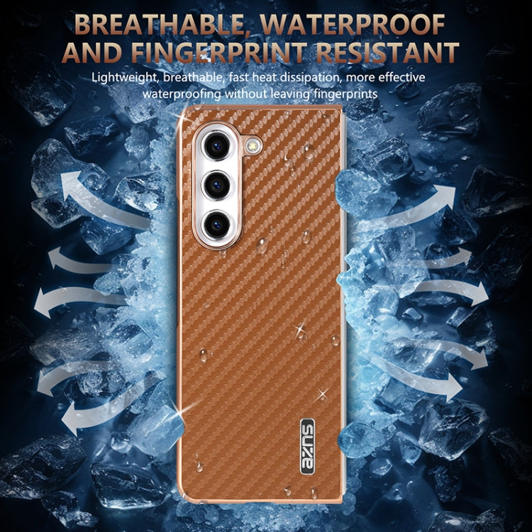 For Samsung Galaxy Z Fold6 5G AZNS Electroplated Edge Carbon Fiber Texture Phone Case(Brown)