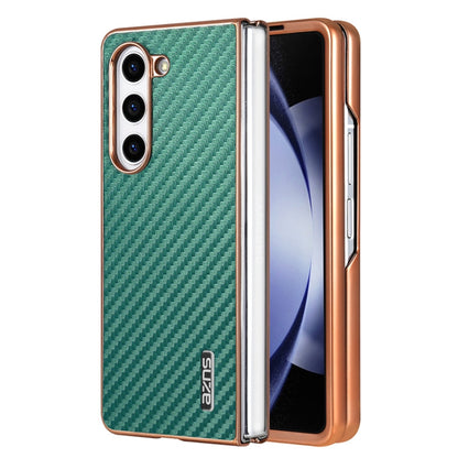 Pour Samsung Galaxy Z Fold6 5G AZNS Coque de téléphone en fibre de carbone texturée avec bords électroplaqués (Vert)