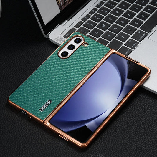 For Samsung Galaxy Z Fold5 5G AZNS Electroplated Edge Carbon Fiber Texture Phone Case(Green)