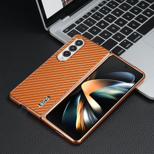 For Samsung Galaxy Z Fold4 5G AZNS Electroplated Edge Carbon Fiber Texture Phone Case(Brown)