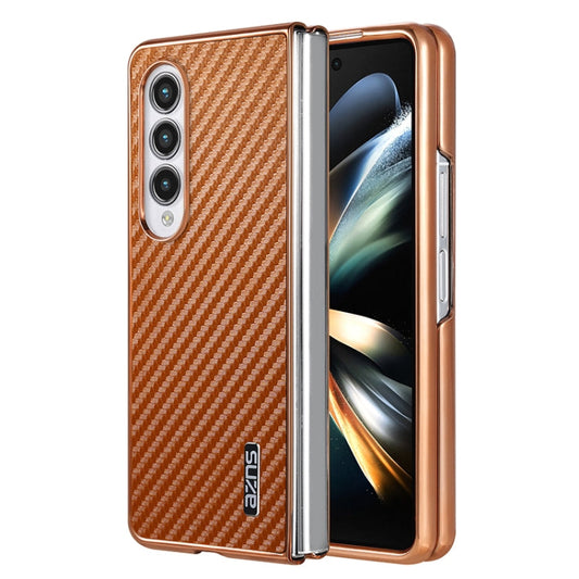 For Samsung Galaxy Z Fold3 5G AZNS Electroplated Edge Carbon Fiber Texture Phone Case(Brown)