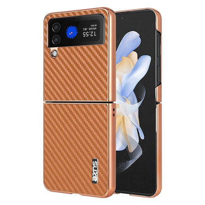 For Samsung Galaxy Z Flip4 5G AZNS Electroplated Edge Carbon Fiber Texture Phone Case(Brown)