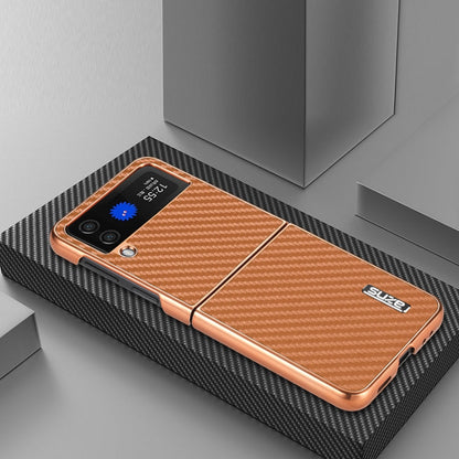 For Samsung Galaxy Z Flip4 5G AZNS Electroplated Edge Carbon Fiber Texture Phone Case(Brown)