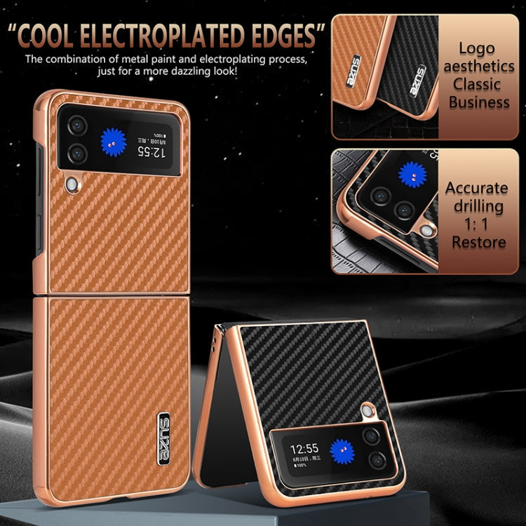 For Samsung Galaxy Z Flip4 5G AZNS Electroplated Edge Carbon Fiber Texture Phone Case(Brown)