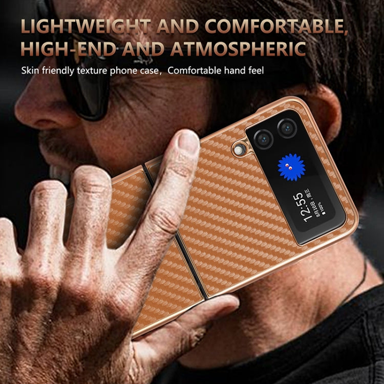 For Samsung Galaxy Z Flip4 5G AZNS Electroplated Edge Carbon Fiber Texture Phone Case(Brown)