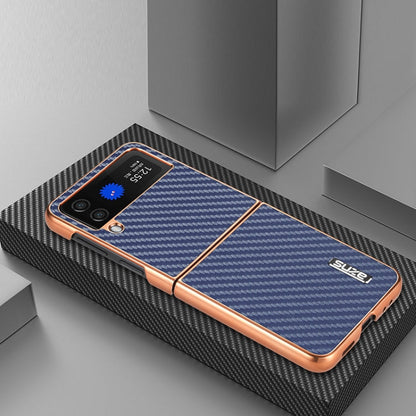 For Samsung Galaxy Z Flip4 5G AZNS Electroplated Edge Carbon Fiber Texture Phone Case(Blue)