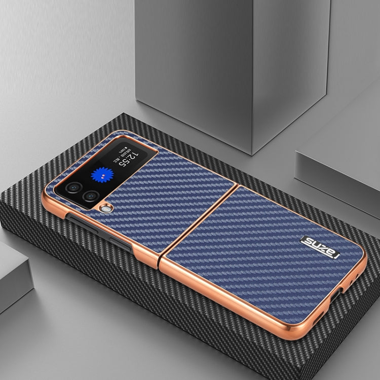 For Samsung Galaxy Z Flip3 5G AZNS Electroplated Edge Carbon Fiber Texture Phone Case(Blue)