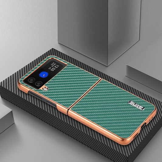 For Samsung Galaxy Z Flip3 5G AZNS Electroplated Edge Carbon Fiber Texture Phone Case(Green)