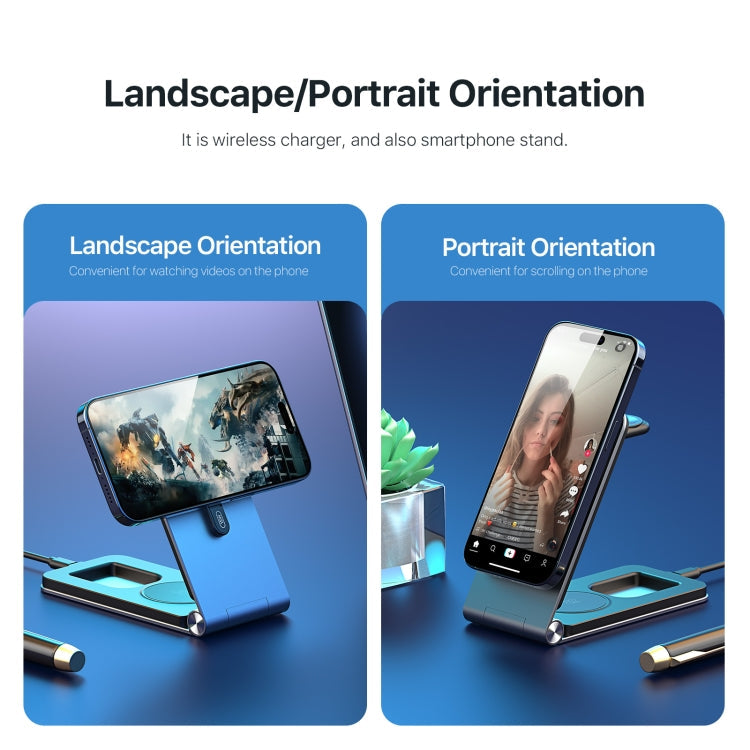 DUZZONA W22 15W 3 in 1 Foldable Magnetic Wireless Charging Stand(Grey)