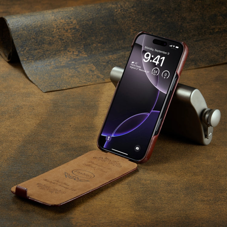 Pour iPhone 16 Pro Fierre Shann 64 Étui de téléphone en cuir PU à rabat vertical texturé (marron)