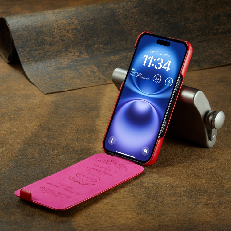 For iPhone 16 Fierre Shann 64 Texture Vertical Flip PU Leather Phone Case(Red)